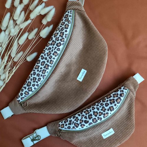 Sac banane xl léopard et velours côtelé marron,fait main en france,cadeau de noël ,