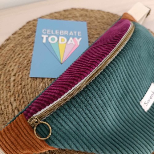 Sac banane en tissu velours côtelé tricolore,fabrication française,sac banane multicolore,velours vert foncé,ruille,violet,