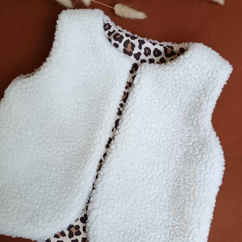 Gilet berger enfant réversible ,gilet moumoute et léopard,sans manche, moumoute,fait main en france,
