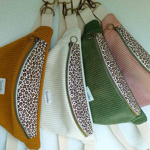 Sac banane velours côtelé et léopard,fait main en france,sac banane léopard,cadeau de noël,