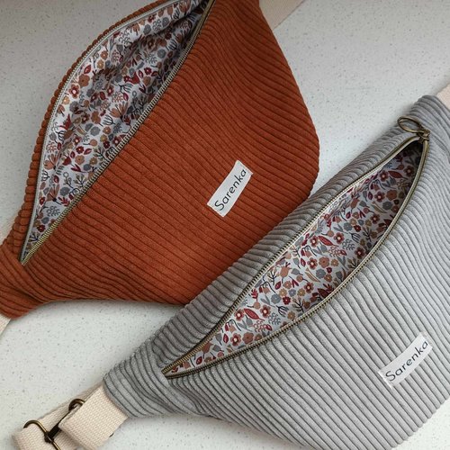 Sac banane velours côtelé terracotta,sac velours gris,fabrication française,sac banane multicolore,