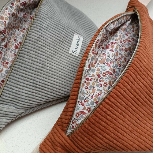 Sac banane velours côtelé terracotta,sac velours gris,fabrication française,sac banane multicolore,