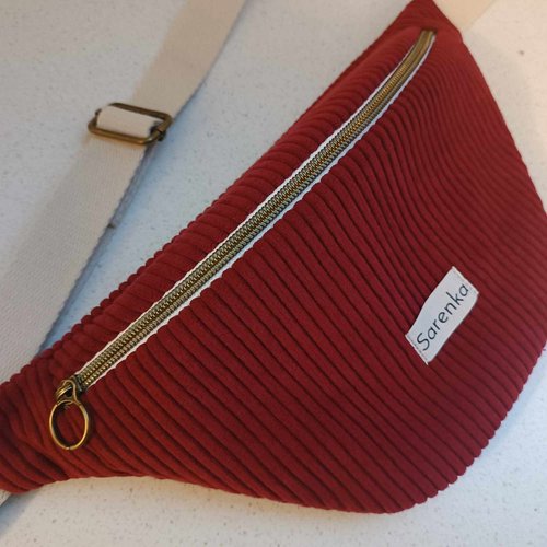 Sac banane velours côtelé bordeaux,fabrication française,sac banane tissu japonaise cerisier,
