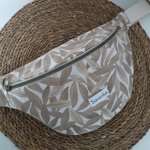 Sac banane coton fleuri,banane motif feuille bambou , sac multicolore, sacoche beige,