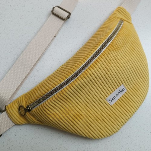 Sac banane velours côtelé jaune,fabrication française,sac banane tendance,fait main,