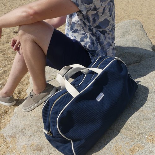 Sac bowling en velours côtelé bleu marine,sac weekend 48h,sac polochon,sac de sport,