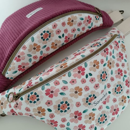 Sac banane fleuri, fabrication française, sac multicolore, sac banane en tissu velours côtelé rose poudre