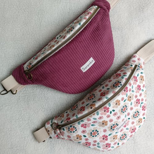 Sac banane fleuri, fabrication française, sac multicolore, sac banane en tissu velours côtelé rose poudre