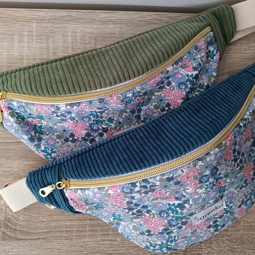 Sac banane fleuri, fabrication française, fait main, sac velours côtelé kaki, banane bleu marine,