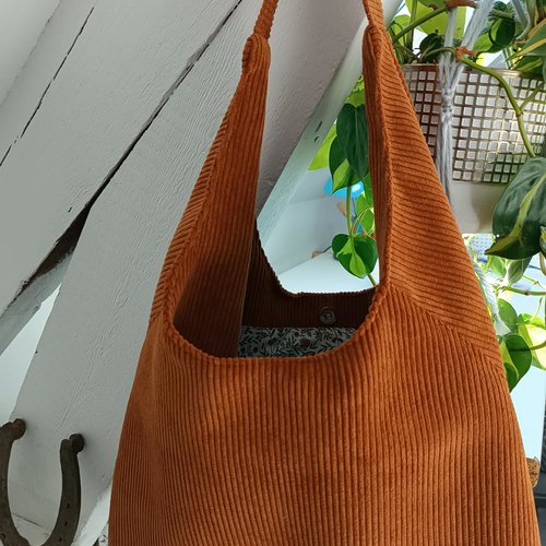 Sac hobo en velours côtelé marron, tissu fleuri, avec poche,cadeau d’anniversaire ,