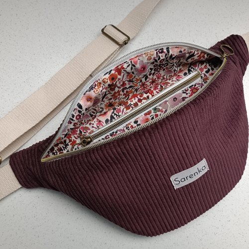 Sac banane en velours côtelé prune,poche zippée,fait main en france