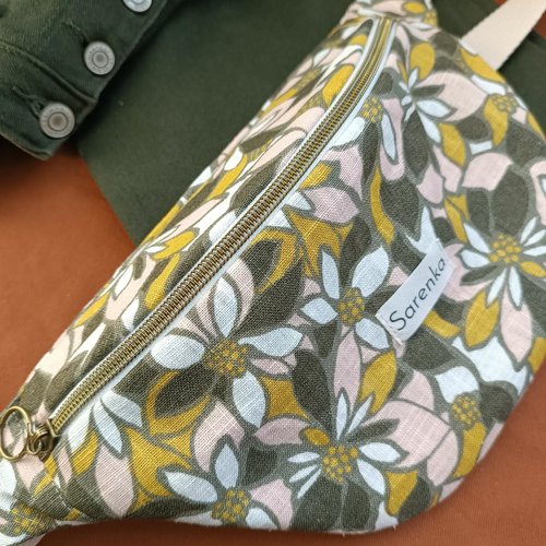 Sac banane fleuri en lin, fabrication française, sac banane multicolore, lin motif fleurs ,