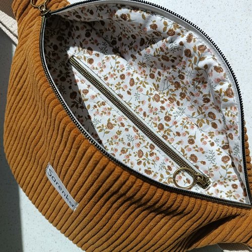 Sac banane velours côtelé camel, fabrication française, cadeau femme, fait main