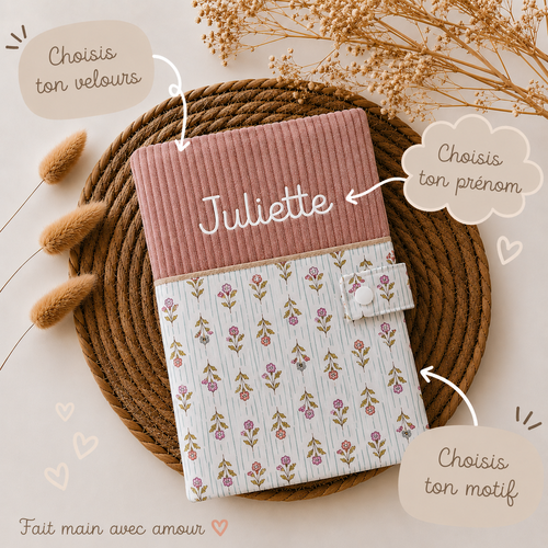 Protège carnet de santé personnalisé en velours côtelé et coton, cadeau de naissance fille garçon , accessoire bébé
