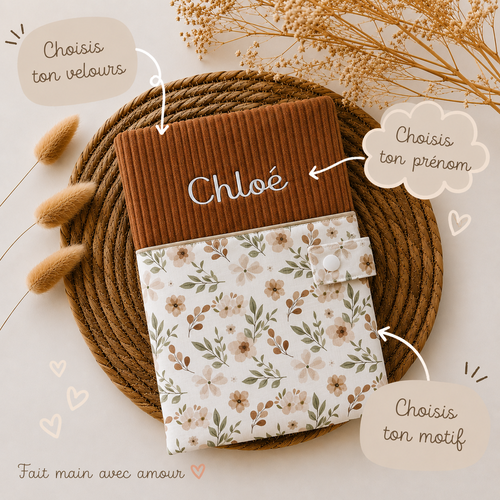 Protège carnet de santé personnalisé en velours côtelé et coton, cadeau de naissance fille garçon , accessoire bébé