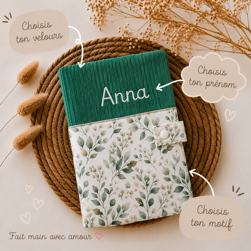 Protège carnet de santé personnalisé en velours côtelé et coton, cadeau de naissance fille garçon , accessoire bébé