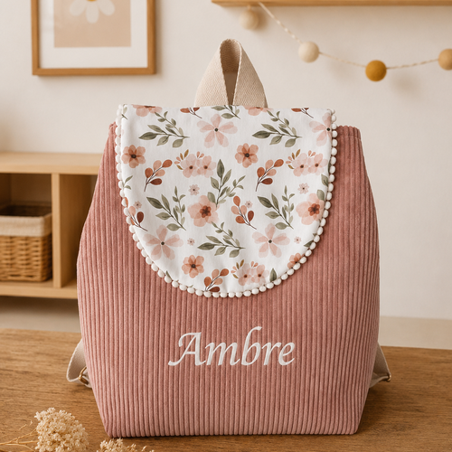 Sac à dos enfant maternelle personnalisé , velours côtelé rose poudré & motif floral