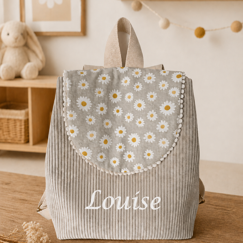 Sac à dos enfant maternelle personnalisé ,velours côtelé beige et motif floral marguerites