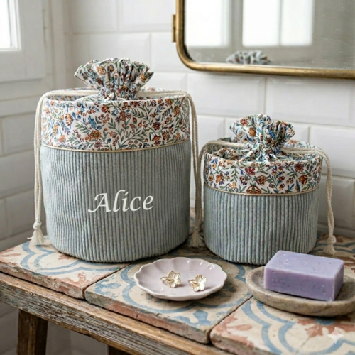 Pochon panier en velours côtelé , trousse de toilette ,fait main, panier velours, trousse maxi format, trousse de maquillage,