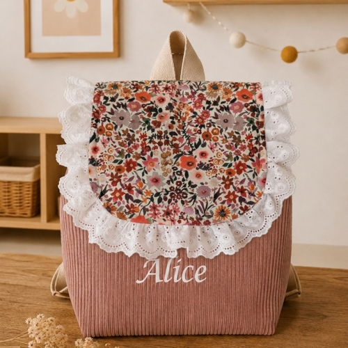 Sac à dos enfant maternelle personnalisé – velours rose poudre & motif floral