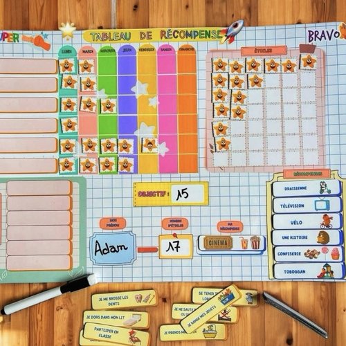 Motivation pour enfants, tableau magnétique a3 (29x29,7 cm) avec 34 missions, 15 récompenses et 45 étoiles , stimule