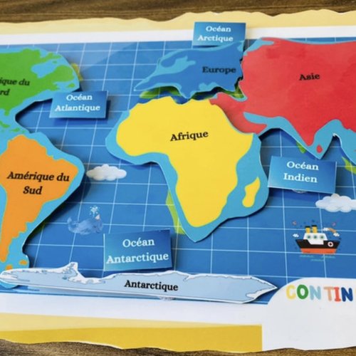Puzzle carte du monde: continents & océans, fiche pédagogique inspiration montessori
