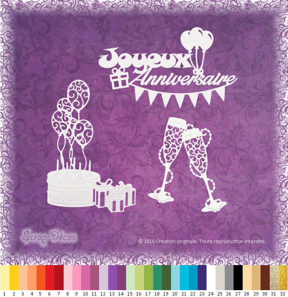 Lot De 4 Decoupes Scrapbooking Joyeux Anniversaire Ballons Flutes Champagne Embellissement Die Cut 32 Couleurs Disponibles Ref L185 Un Grand Marche