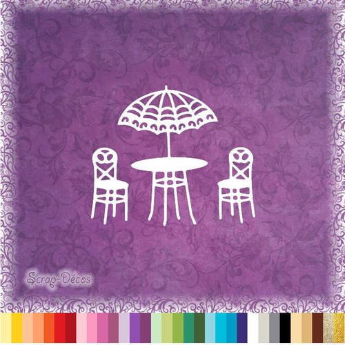Découpe scrapbooking "table et chaises, parasol, terrasse, café verre, vacances" embellissement die cut 32 couleurs disponibles (ref.0353