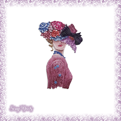 Découpe scrapbooking femme chapeau fleurs vintage en couleurs (ref.3634)