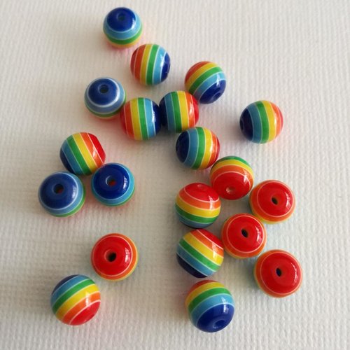 Lot de 20 perles 8 mm, rayées multicolores en résine synthétique