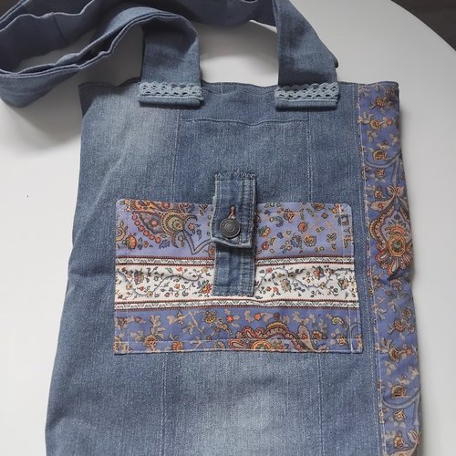 Tote bag style boho, en jean denim, coton et indienne provençale