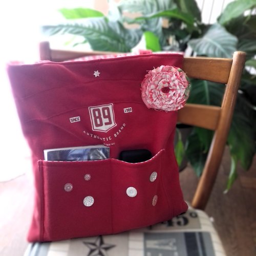 Tote bag rouge, style boho, avec broche fleur amovible