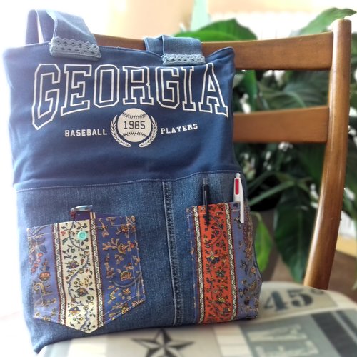 Tote bag style boho, en jean denim, coton et indienne provençale