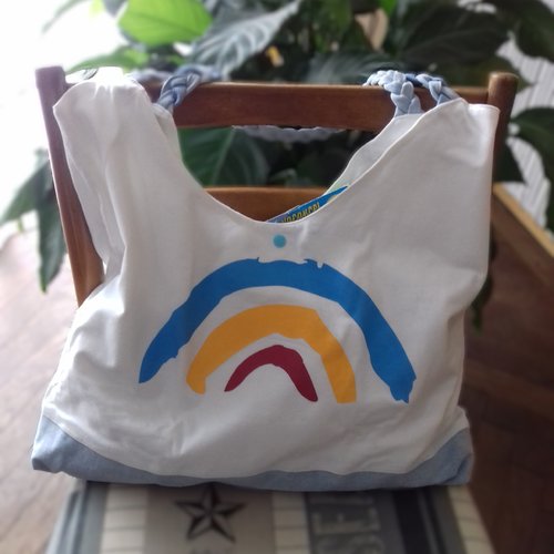 Tote bag xxl en coton et anses tressées en jean délavé