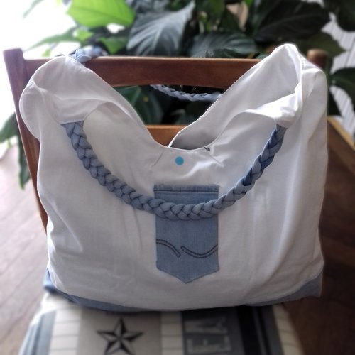 Tote bag xxl en coton et anses tressées en jean délavé