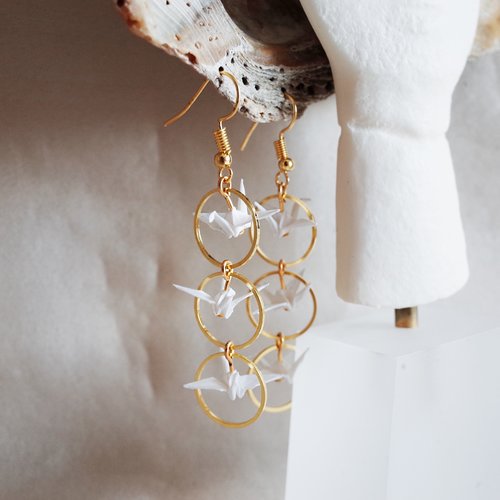 Boucles d'oreilles triple cercle, bijoux de mariage simples, boucles d'oreilles cerceau, bijoux fantaisie, grue japonaise en origami