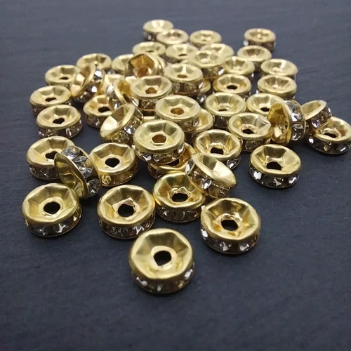 50 perles rondelles métal doré avec strass argenté – 6 mm – diy