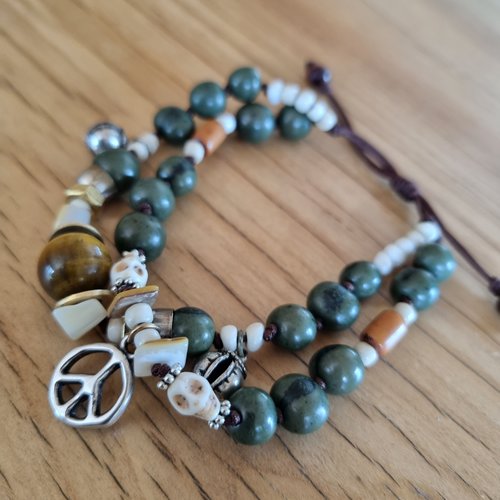 Bracelet œil de tigre, à breloque peace and love