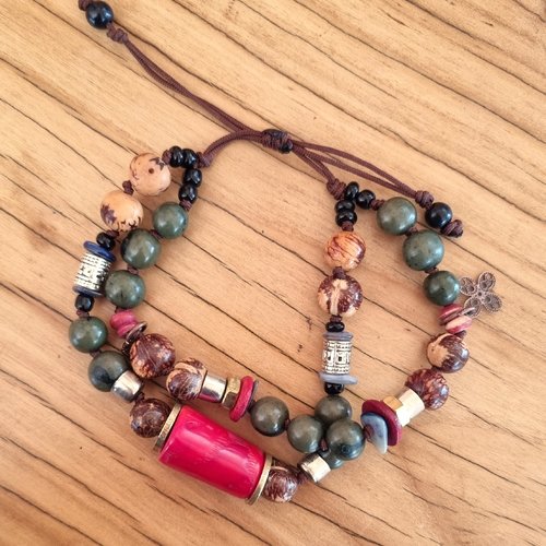 Bracelet bambou corail,perles kaki et marron