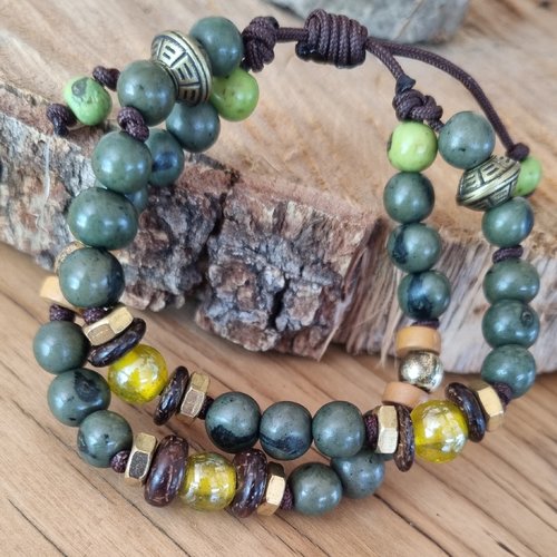 Bracelet perles naturelles kaki et ambre