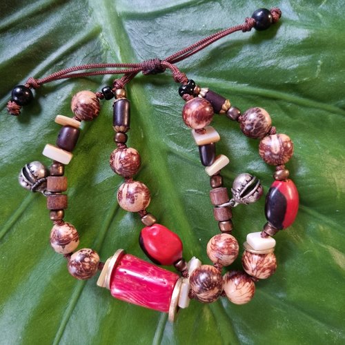 Bracelet hippie bohème bambou corail, açaï et caconnier