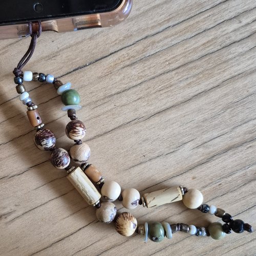 Bijoux de téléphone, chaînette perles kaki et bambou