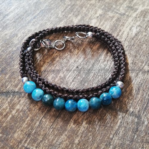 Bracelet  tissé apatite bleue - 3 tours de poignet - bijou de soin  - lithothérapie - soin énergétique - pierres semi-précieuses - sen