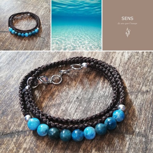 Bracelet  tissé apatite bleue - 3 tours de poignet - bijou de soin  - lithothérapie - soin énergétique - pierres semi-précieuses - sen