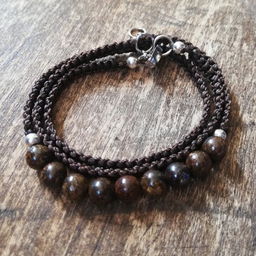 Bracelet  tissé bronzite - 3 tours de poignet - bijou de soin  - lithothérapie - soin énergétique - pierres semi-précieuses - sen