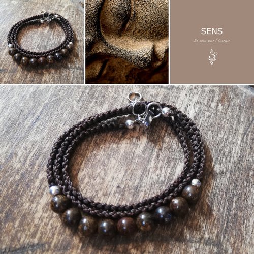 Bracelet  tissé bronzite - 3 tours de poignet - bijou de soin  - lithothérapie - soin énergétique - pierres semi-précieuses - sen