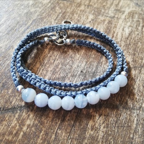 Bracelet  tissé calcédoine - 3 tours de poignet - bijou de soin  - lithothérapie - soin énergétique - pierres semi-précieuses - sen