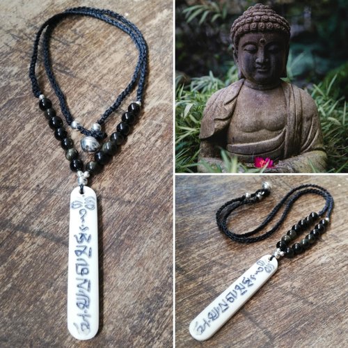 Collier court - obsidienne noire dorée - perles en argent 925 - fermoir grelot en argent 925 - pendentif tibétain en corne