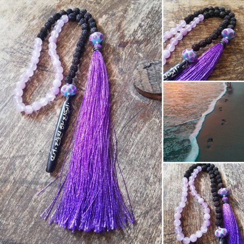 Chapelet 45 perles - amethyste lavande - graines de rudraksha - pendentif en corne gravée - argent 925 - verre soufflé