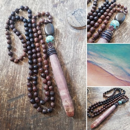 Mala - collier long - 108 perles - bijou de soin  - méditation - lithothérapie - céramique grecque - épine d'oursin - bois de kamagong
